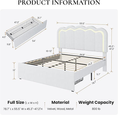 SHA CERLIN Upholstered Full Size Bed Frame with LED Lights and Large Storage Drawer, Velvet Platform Bed with Adjustable Wavy Headboard, Noise Free, Easy Assembly, No Box Spring Needed, Soft White