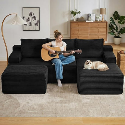 96" Cloud Sectional Couch U-Shaped Chaise with Ottoman, Corduroy Boneless Couch for Living Room Bedroom, Deep-Seat Upholstered Modular Cloud Sofa, No Assembly Required (Black, Right Facing Chaise)