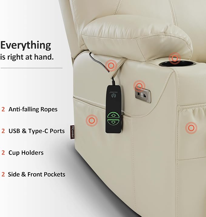 MCombo Power Lift Recliner Chair for Elderly R7042(Cream White, Small-Wide) | Heat and Massage, Breathable Faux Leather, USB& Type C Charging Port, FSC Certified