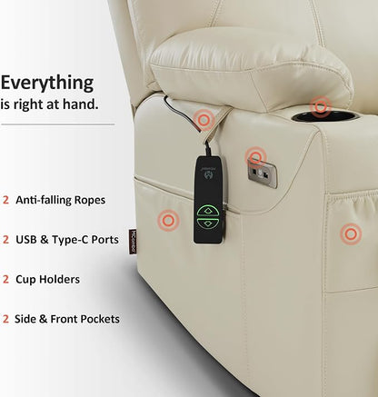 MCombo Power Lift Recliner Chair for Elderly R7042(Cream White, Small-Wide) | Heat and Massage, Breathable Faux Leather, USB& Type C Charging Port, FSC Certified