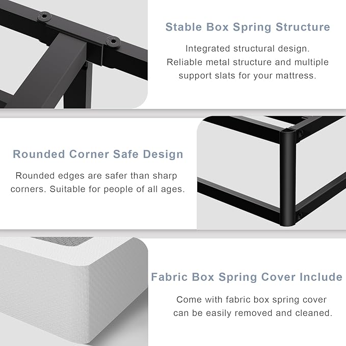 Tyndall Box Spring King Bed Base, 7 Inch High Metal King Size Box Spring Only, Heavy Duty Mattress Foundation with Fabric Cover, Easy Assembly, Quiet Noise Free, Black