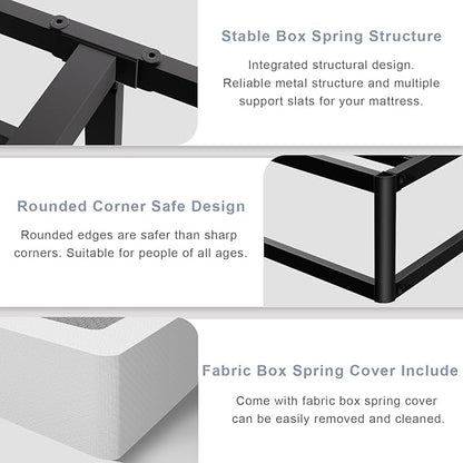 Tyndall Box Spring King Bed Base, 7 Inch High Metal King Size Box Spring Only, Heavy Duty Mattress Foundation with Fabric Cover, Easy Assembly, Quiet Noise Free, Black