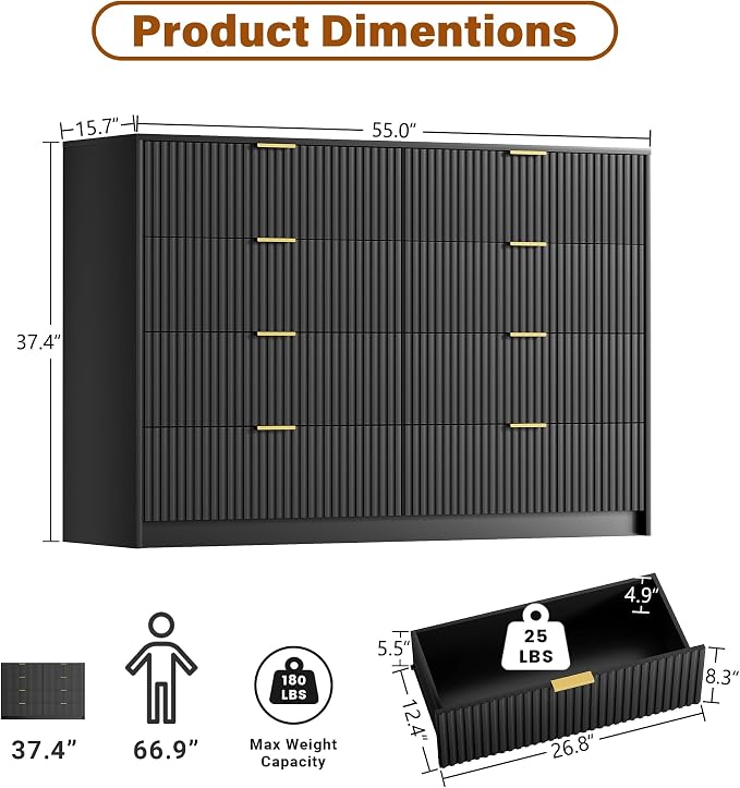 Furniway Black Dresser Bedroom Set 3 Pieces, Nightstands Sets of 2, 8 Drawer Dresser with Gold Handles for Bedroom