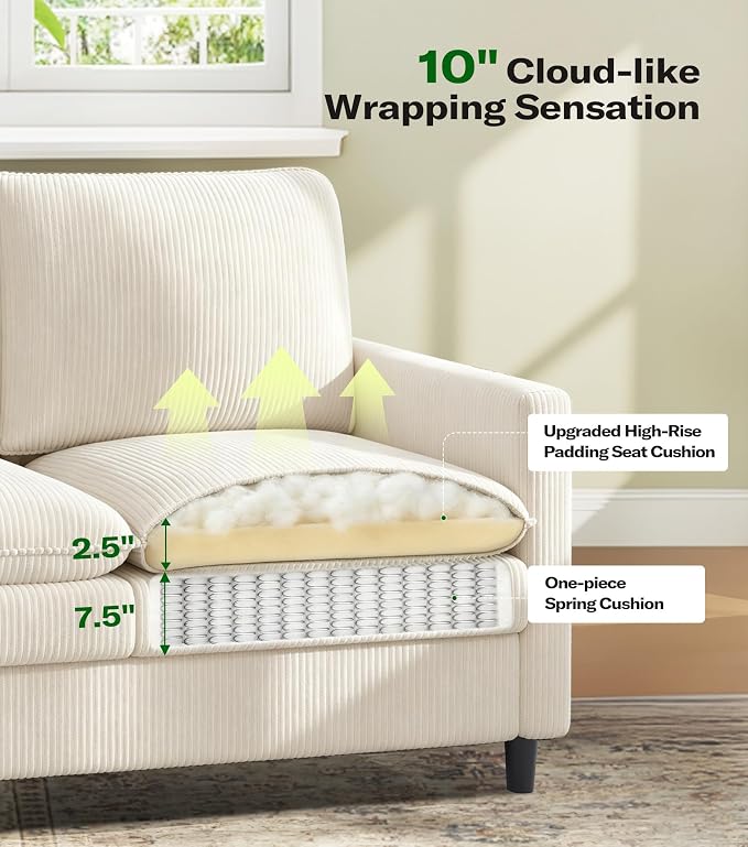 Welzona 3-Layers Cloud Loveseat Sofa, 51" Corduroy Small Couch for Living Room, Bedroom - Tool-Free Assembly Small Sofa - Beige - Futon Couch - Removable Washable Covers - 650lbs Capacity