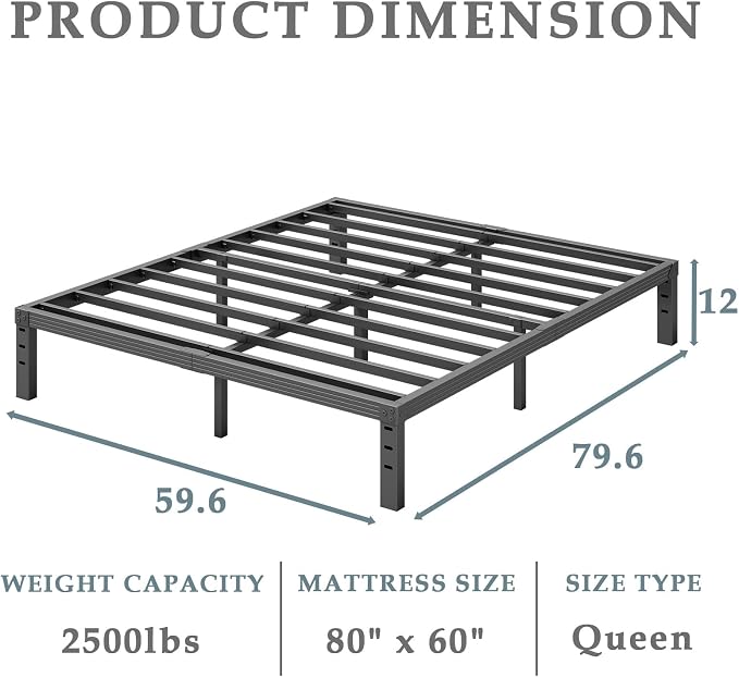 FSCHOS Queen Metal Bed Frame, 12 Inch Platform, Heavy Duty, Easy Assembly, No Box Spring Needed, Black