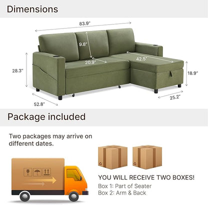 KISLOT 84 Inch Sectional Sleeper Sofa with Pull Out Bed Convertible 2 in 1 Couch with Storage Chaise & USB Charging Comfy L Shaped Modular Couches for Living Room Apartment(2 Box)