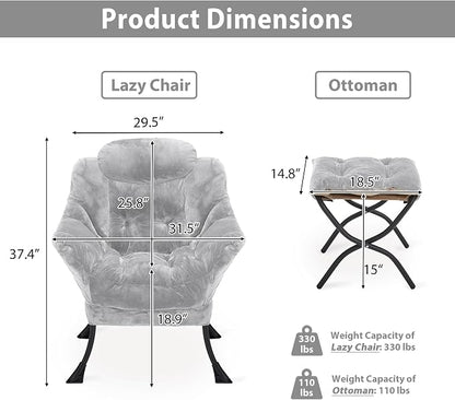 Youtanic Lazy Chair with Folding Ottoman, Accent Chair Plush Upholstered with Metal Structure and Non-Slip Pads, Sofa Armchair with Footrest and Side Storage Bag for Dorm, Room, Office, Light Gray
