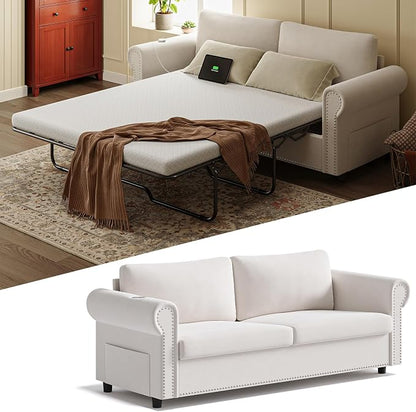 Queen Pull Out Sofa Bed | 83" Large Sleeper Sofa with Queen Size Mattress | 2-in-1 Convertible Loveseat Sofa-Bed with USB Ports Side Pockets Ivory White