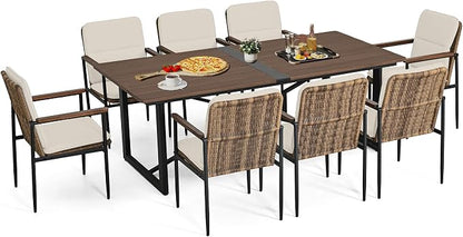 HAPPATIO 9 Piece Patio Dining Set Outdoor, 8 Wicker Chairs with Aluminum Frame and Olefin Cushions, Large Wooden Dining Table with Umbrella Hole,Patio Table and Chairs for Backyard Garden Porch
