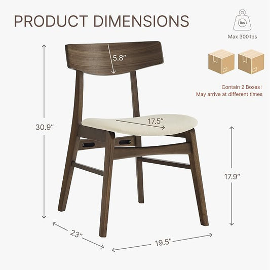 KISLOT Wooden Dining Chairs Set of 4, Upholstered Modern Dining Room Chairs, Mid Century Oak Kitchen Chairs with Curved Wood Backrest for Farmhouse, Restaurant, Café (Cream Fabric & Walnut Color)