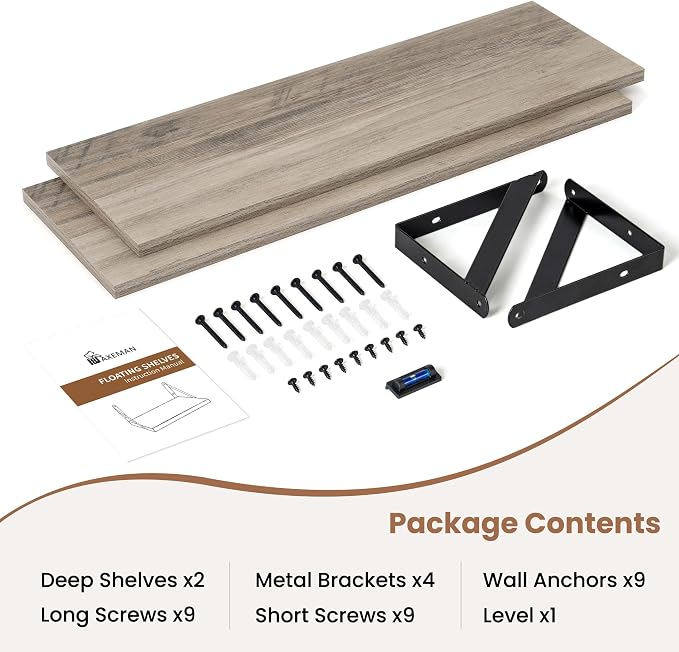 Axeman 24 Inch Floating Shelves | 8 Inch Deep Grey Wall Shelves Set of 2 | 24''W x 8''D Rustic Grey Wood Shelves for Bathroom Kitchen Living Room Bookshelf Home Office