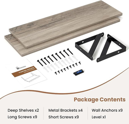 Axeman 24 Inch Floating Shelves | 8 Inch Deep Grey Wall Shelves Set of 2 | 24''W x 8''D Rustic Grey Wood Shelves for Bathroom Kitchen Living Room Bookshelf Home Office