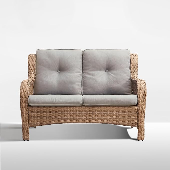 Outdoor Loveseat Sofa-2 Seater Rattan Wicker Patio Couch High Back Patio Sofa for Porch Deck Backyard-Yellow/Beige