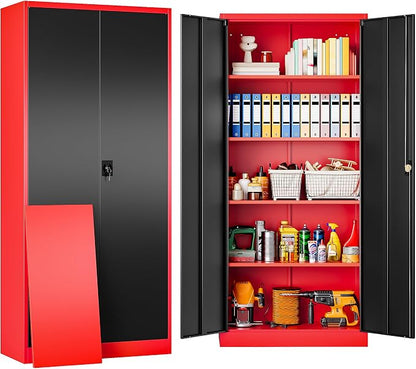 SISESOL Red Metal Storage Cabinet with Locking Doors and Shelves,Garage Storage Cabinet with Lock,Steel Locker,Lockable Cabinets for Home,Office,Shop,Garage Cabinets