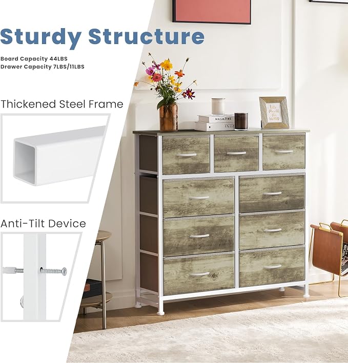DUMOS 9 Drawer Dresser for Bedroom, Storage Organizer Chest of Drawers | Fabric Bins Storage Tower with Sturdy Metal Frame, Wood Tabletop for Closet, Gold