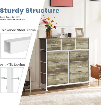 DUMOS 9 Drawer Dresser for Bedroom, Storage Organizer Chest of Drawers | Fabric Bins Storage Tower with Sturdy Metal Frame, Wood Tabletop for Closet, Gold