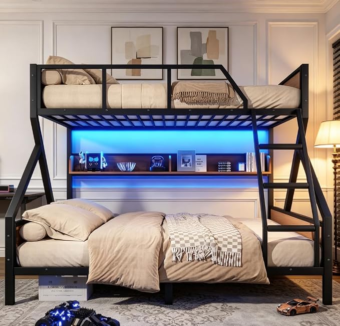 Bellemave Bunk Bed Queen Over King with LED, Heavy Duty Metal Bunk Beds with Storage Shelves and Lights, Woodgrain+Black
