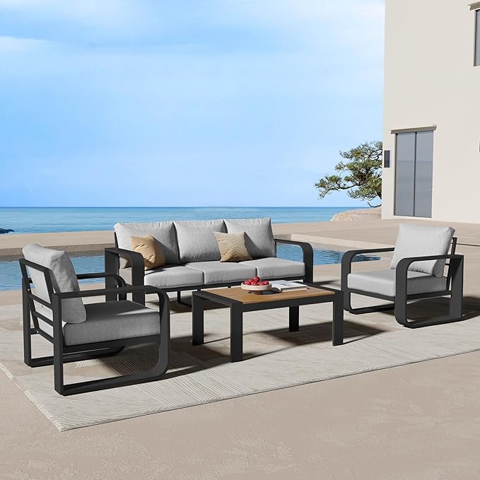 Oversized Aluminum Outdoor Furniture Set, Extra Large Patio Furniture Sofa Set 4.8” Widened Armrest & Ultra-Thick Cushions, 4 Pcs Modern Patio Sectional for Backyard, Porch, Gray