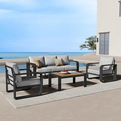 Oversized Aluminum Outdoor Furniture Set, Extra Large Patio Furniture Sofa Set 4.8” Widened Armrest & Ultra-Thick Cushions, 4 Pcs Modern Patio Sectional for Backyard, Porch, Gray