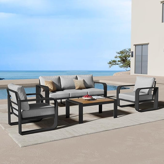 Oversized Aluminum Outdoor Furniture Set, Extra Large Patio Furniture Sofa Set 4.8” Widened Armrest & Ultra-Thick Cushions, 4 Pcs Modern Patio Sectional for Backyard, Porch, Gray