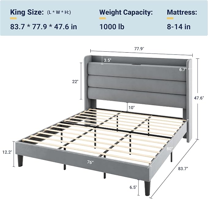 Allewie King Size Upholstered Bed Frame with Charging Station & Storage Headboard, Soft Velvet Wingback Platform Bed, Strong Wooden Slats Support, No Box Spring Needed, Easy Assembly, Light Grey