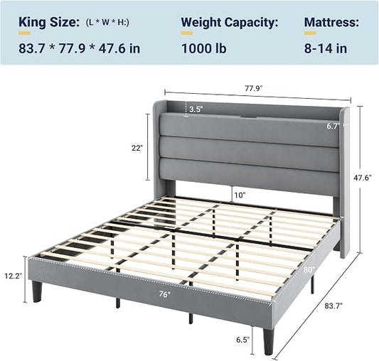 Allewie King Size Upholstered Bed Frame with Charging Station & Storage Headboard, Soft Velvet Wingback Platform Bed, Strong Wooden Slats Support, No Box Spring Needed, Easy Assembly, Light Grey