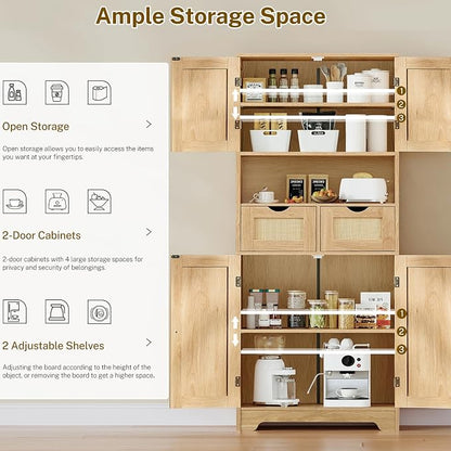 TEENFON 57.8" H Tall Storage Cabinet with 2 Drawers & 2 Adjustable Shelves, Rattan Cabinets with 4 Doors, Cupboard, Kitchen Cabinets, Pantry Cabinet, Tall Cabinet for Living Room, Entryway, Natural