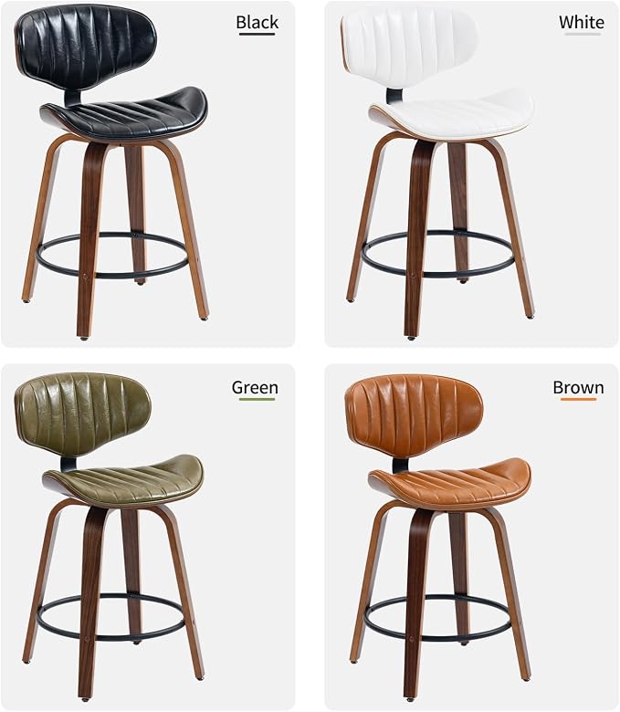 Modern Bar Stools Set of 3, 24 inch PU Leather Wooden Bentwood Barstools Counter Height Swivel Breakfast Bar Chair with Backrest Footrest for Kitchen Island, Dining Room D035-Olive Green-3