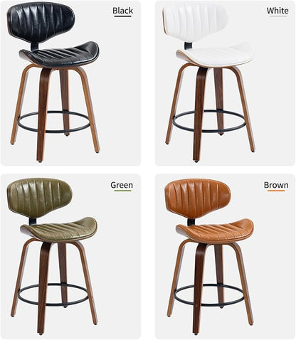 Modern Bar Stools Set of 3, 24 inch PU Leather Wooden Bentwood Barstools Counter Height Swivel Breakfast Bar Chair with Backrest Footrest for Kitchen Island, Dining Room D035-Olive Green-3
