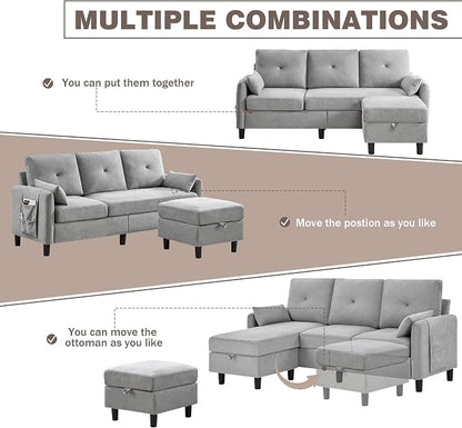 Convertible L-Shaped Sectional Sofa, 3-Seat Sofa Couches with Storage Ottoman & 2 Pillows and Side Storage Pockage, Small Modern Couch for Living Room, Apartment and Office, Light Grey