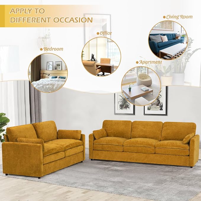 2 Pieces Chenille Sofa Set w/Throw Pillows, Upholstered Loveseat & 3 Seater Sofa w/Comfortable Back Cushions, Modern 2-Seat & 3-Seat w/High-Density Foam for Living Room, Apartment, Yellow