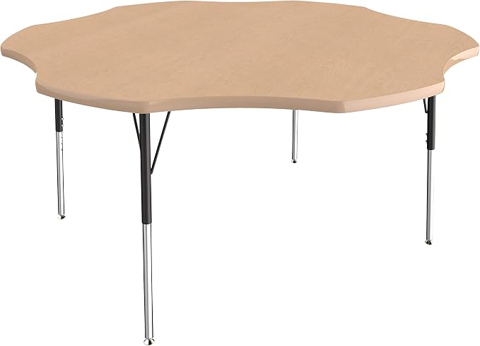 FDP Flower Activity School and Office Table (60 inch), Standard Legs with Swivel Glides for Collaborative Seating Environments, Adjustable Height 19-30 inches - Maple Top and Maple Edge