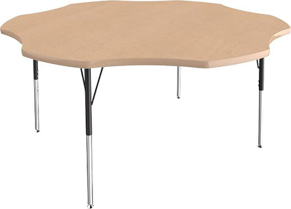 FDP Flower Activity School and Office Table (60 inch), Standard Legs with Swivel Glides for Collaborative Seating Environments, Adjustable Height 19-30 inches - Maple Top and Maple Edge