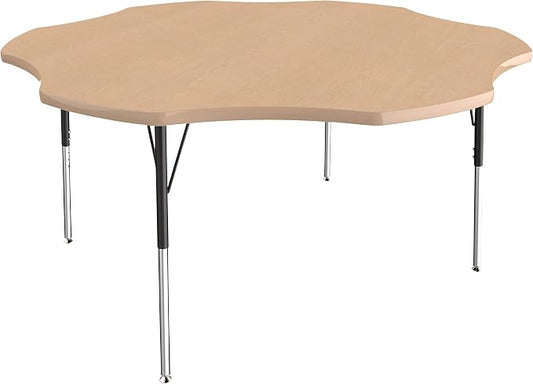 FDP Flower Activity School and Office Table (60 inch), Standard Legs with Swivel Glides for Collaborative Seating Environments, Adjustable Height 19-30 inches - Maple Top and Maple Edge