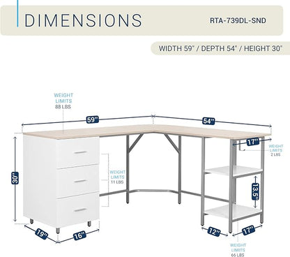 Techni Mobili L Shaped Desk - Two-Toned Computer Desk with Drawers & Storage Shelves - Simple Modern Furniture & Home Office Space Corner Table for Work & Writing | 59" two‑tone L‑shaped desk with storage shelves, durable frame, modern corner workstati...