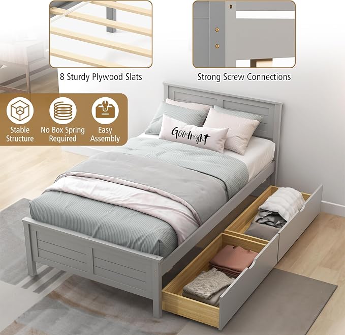 KOMFOTT Twin Size Wood Bed Frame with 2 Storage Drawers, Mid Century Platform Bed Frame with Headboard, Sturdy Wooden Slats Support, Modern Mattress Foundation, No Box Spring Required, Easy Assembly