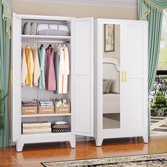 GAIOUS 71" Metal Wardrobe Cabinet with Mirror and Hanging Rod White | Clothing Storage Cabinets with 2 Doors and Adjustable Shelves, Armoire Wardrobe Closet for Bedroom, Laundry Cloak Room