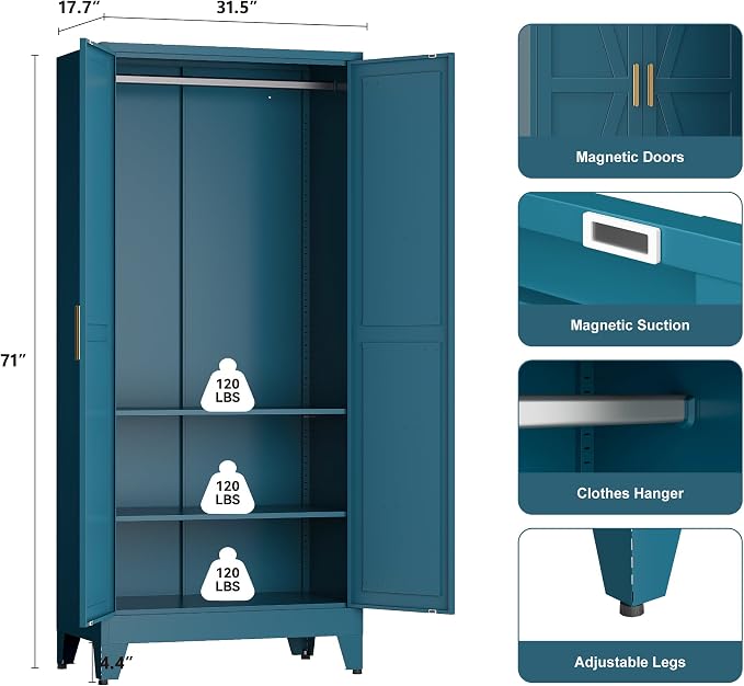 YAUWOH Farmhouse Wardrobe Cabinet,Metal Wardrobe Closet with Hanging Rod,Metal Armoire with Adjustable Shelves for Bedroom,Cloak Room,Office (Blue)