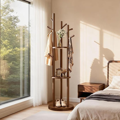 Solid Wood Rotary Coat Rack, Coat Rack Freestanding with 3 Storage Shelves & 9 hooks, Coat Tree for Entryway, Livingroom, Bedroom, Coat Hanger Stand for Coats, Scarves, Handbags, Hat (Walnut)