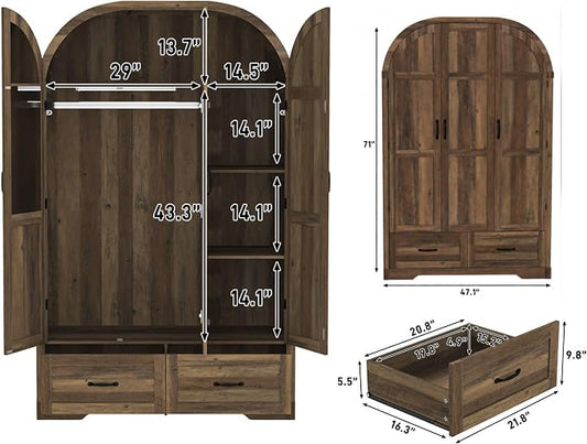 Squireewo 3 Doors Armoire Wardrobe Closet with Mirror and Lights, 71" Farmhouse Arched Wooden Wardrobe Cabinet with 2 Drawers,Hanging Rod, Clothing Storage Closet Cabinet for Bedroom,Light Rustic Oak