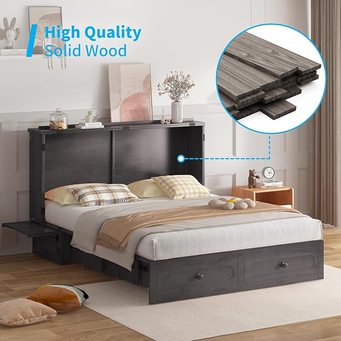 Mjkone Queen Murphy Bed Cabinet with Tri-Fold Mattress Included, Drawers, USB Charging Station, Modern Versatile Wood Chest Cabinet Wall Bed, Wooden Guest Beds for Bedroom Home Apartment, Dark Grey