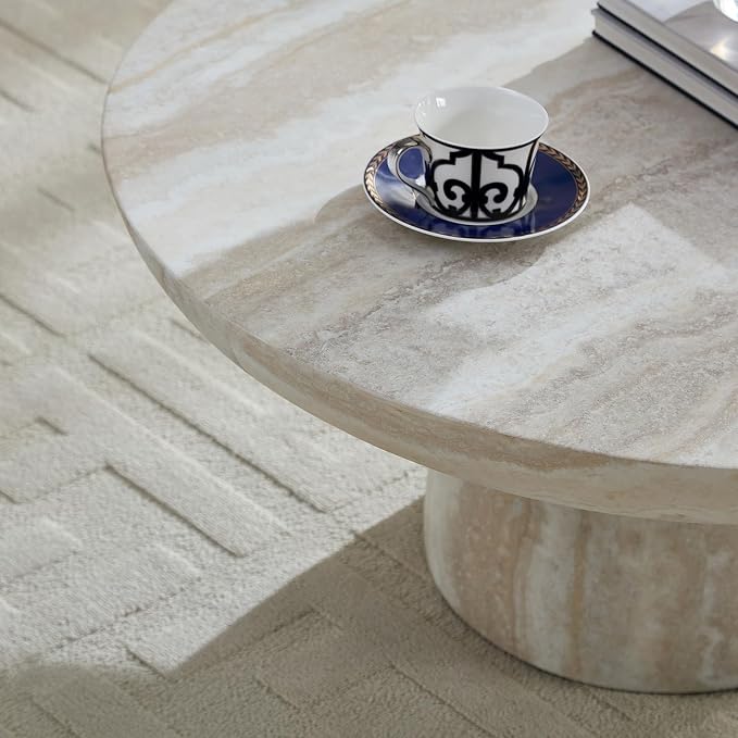 35.43" Round Marble Coffee Table, Modern Pedestal Coffee Table Faux Stone Drum Center Table with Base, Accent Concrete Side End Table for Living Room Apartment Home Office