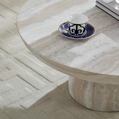 31.5" Round Marble Coffee Table, Modern Pedestal Coffee Table Faux Stone Drum Center Table with Base, Accent Concrete Side End Table for Living Room Apartment Home Office