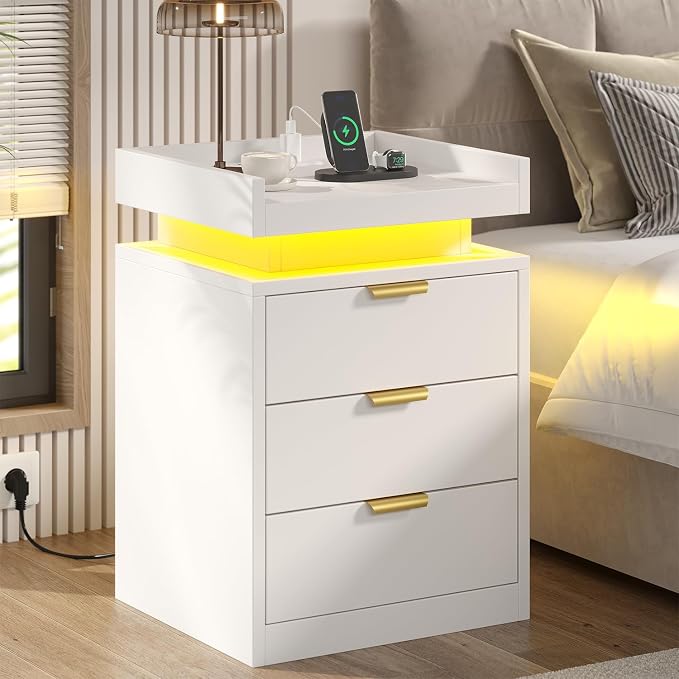 knoworld LED Nightstand with Charging Station & USB Ports, 3-Drawer Bedside Table with Adjustable RGB LED Lights, High-Gloss Modern Nightstands for Bedroom, White