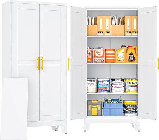 PAOFIN 61" Metal Storage Cabinet with 2 Doors and 3 Adjustable Shelves,White Metal Garage Storage Cabinets, File Cabinet,Steel Tool Cabinets for Home,Office,Garage,School,Warehouse