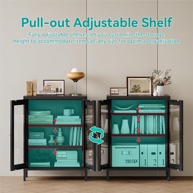 Small Metal Cabinet with Glass Doors,Display Storage Cabinet with 2 Adjustable Shelves for Bathroom Entryway Living Room Dining Room Kitchen,3-Tier,11.8" D x 23.6" W x 31.5" H, Black