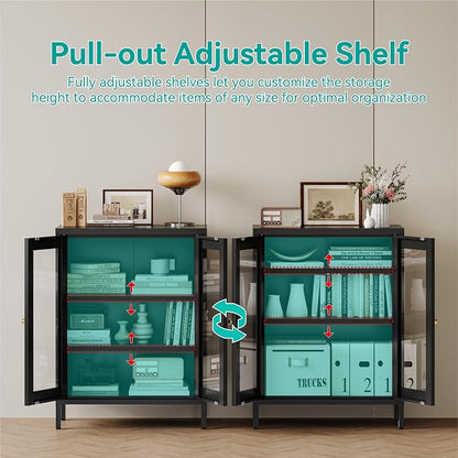 Small Metal Cabinet with Glass Doors,Display Storage Cabinet with 2 Adjustable Shelves for Bathroom Entryway Living Room Dining Room Kitchen,3-Tier,11.8" D x 23.6" W x 31.5" H, Black