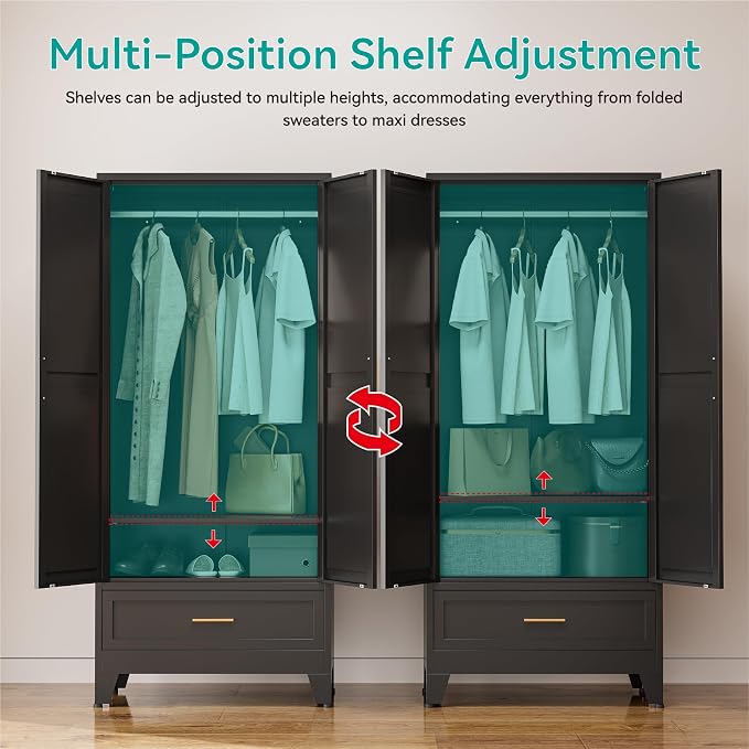 71" Tall Metal Armoire Wardrobe Closet,17.7" Deep By 31.5" Wide Portable Closet for Hanging Clothes,Wardrobe Cabinet with Drawer and Shelve for Bedroom Office Garage,Black 1 Pack