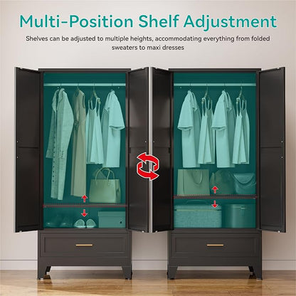 71" Tall Metal Armoire Wardrobe Closet,17.7" Deep By 31.5" Wide Portable Closet for Hanging Clothes,Wardrobe Cabinet with Drawer and Shelve for Bedroom Office Garage,Black 1 Pack