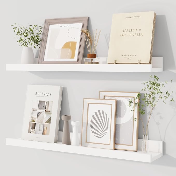 Dreamland Picture Ledge Shelf for Wall, Floating Shelves Set of 2, 24 Inch Long Floating Shelves with Lip for Living Room, Bedroom, Bathroom, Kitchen, White